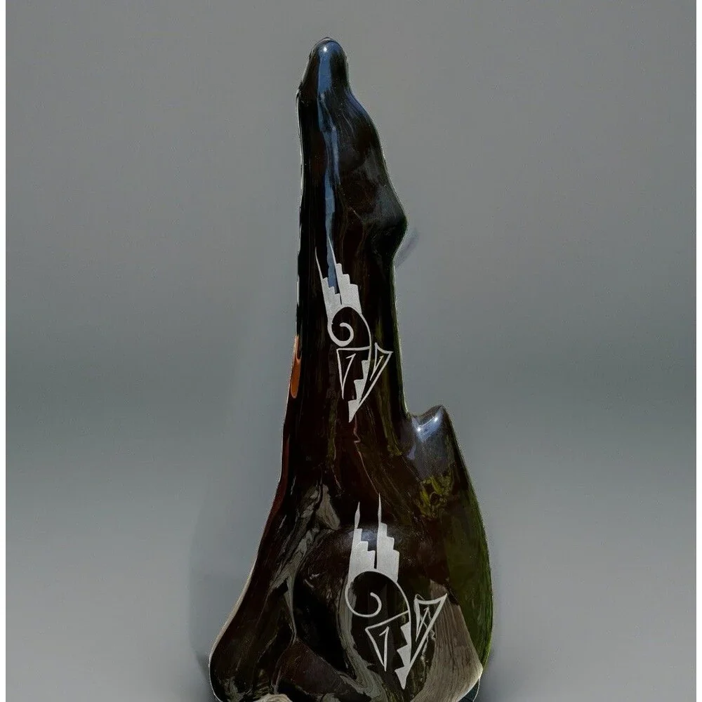 Cedar Mesa Black on Black Pottery Howling Wolf Figurine Navajo Signed 18”h